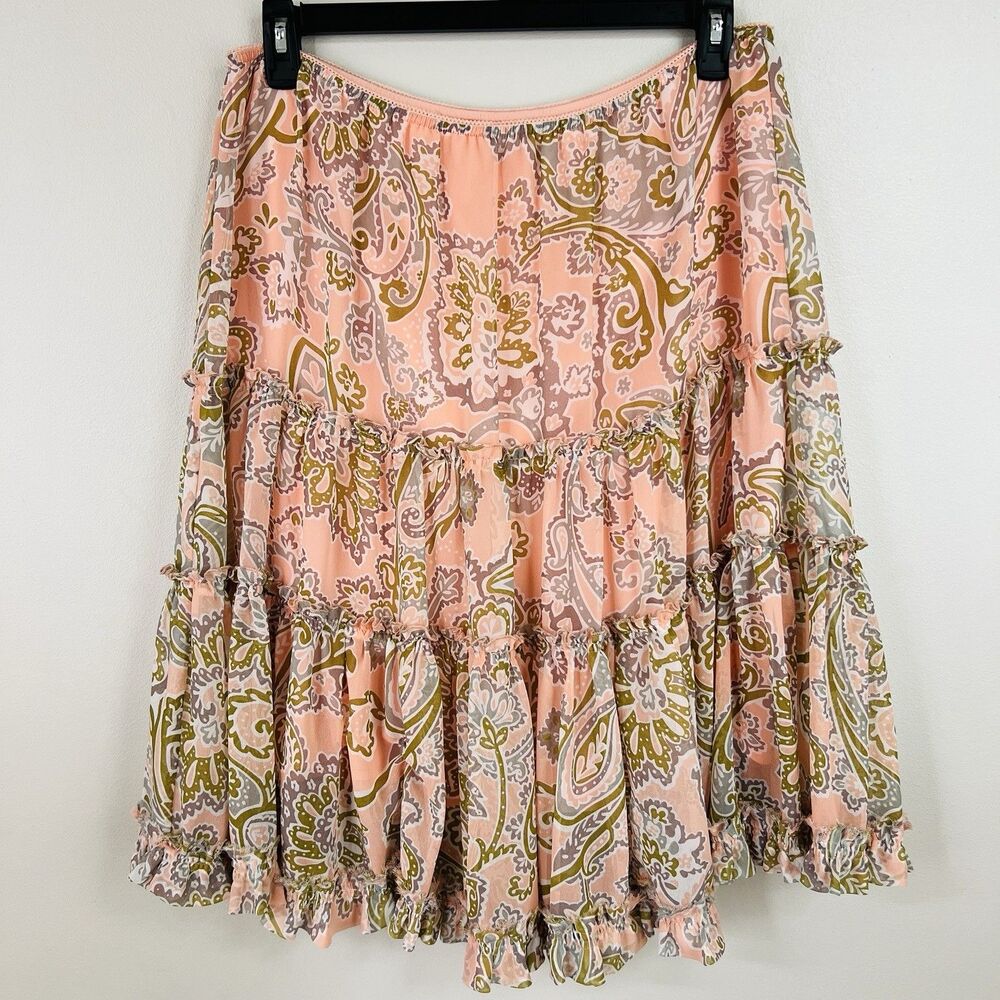Chadwicks of Boston Peach Paisley Tiered Flowy Lined Skirt Cottagecore Size XL